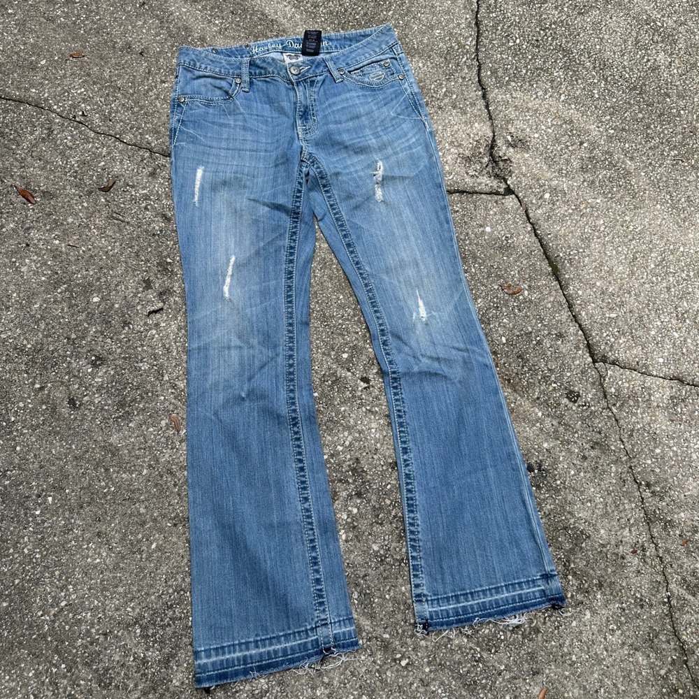 Harley Davidson Womens Blue Distressed Embellished Bootcut Jeans Size 8